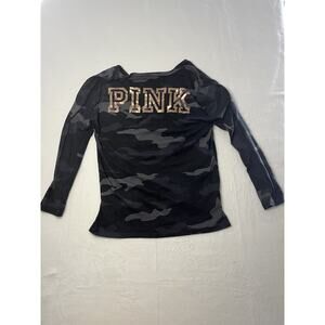 Victoria Secret PINK Large Tee T Shirt Black Camouflage Short Sleeve